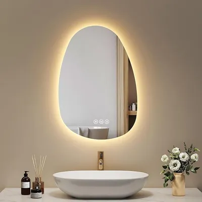 Obrázek produktu pro Zrcadlo s osvětlením, asymetrické LED zrcadlo do koupelny, 65 x 45 cm, dotykové ovládání, 3 barvy světla, stmívatelné, s funkcí proti zamlžování, koupelnové zrcadlo s osvětlením, stupeň krytí IP44, úsporné