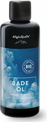 Produktbild von AllgäuQuelle BIO-Badeöl mit 100% Bio-Öle Allgäuer Atemwohl Jojoba Minze Zeder Cajeput (100ml)