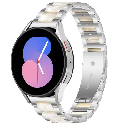 A smartwatch with a metal band, shown from a side angle against a white background.