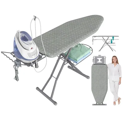 Obrázek produktu pro SONGMICS Žehlicí prkno s zásuvkou, vhodné pro parní žehličky, s nastavitelnou výškou, skládací, rozměry 160 x 49 x 75-92 cm, barva: šedá a stříbrná
