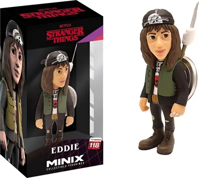 A product shot of a Stranger Things Minix collectible figurine of Eddie, shown both in its packaging and as a standalone figure.