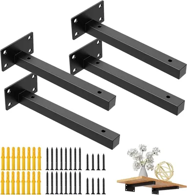 Image de Supports muraux en acier inoxydable noir, lot de 4, 20 cm, capacité de charge de 60 kg, pour étagères