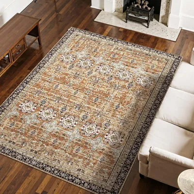 Produktbild von Wohnzimmerteppich - Kurzflor - 228,6 x 289,6 cm - Waschbar - Rutschfest - Vintage-Muster - Pflegeleicht - Braungrün