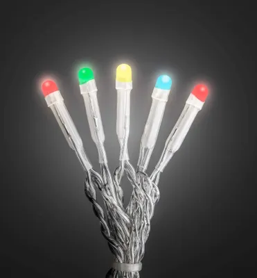 A close-up view of a string of colorful LED lights against a dark background.