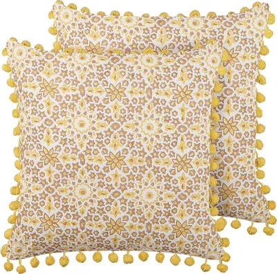 Zdjęcie produktu dla BELIANI 2 poduszki żółte bawełniane 45 x 45 cm ręczny nadruk stemplowana kwiatowy wzór boho poszewka