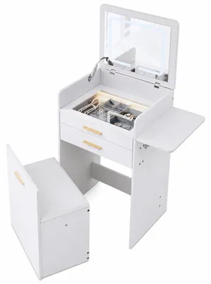 Produktbild von WOLTU Kleiner Schminktisch mit Beleuchtung, klappbarer Spiegel, Hocker, 3-in-1 Frisiertisch, Weiß