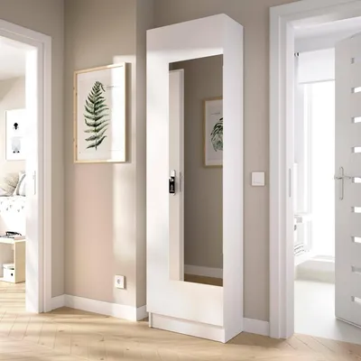 Produktbild von Schuhregal Dpagani, Platzsparendes Schuhregal für den Eingangsbereich, Schuhschrank mit 1 Spiegeltür, 50x27h186 cm, Weiß