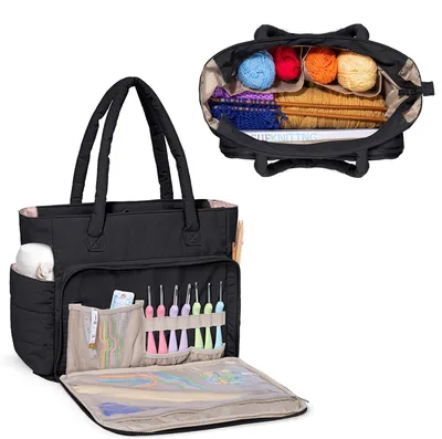 Produktbild von Aufbewahrungstasche für Wolle, Stricktasche für Garn, Stricknadeln, Häkelnadeln, Strickprojekte und Zubehör, Schwarz