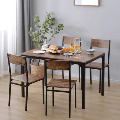Immagine prodotto di MODFU Set da pranzo 5 pezzi: tavolo da pranzo 108×65×75 cm con 4 sedie, marrone, design industriale, set per cucina e sala da pranzo