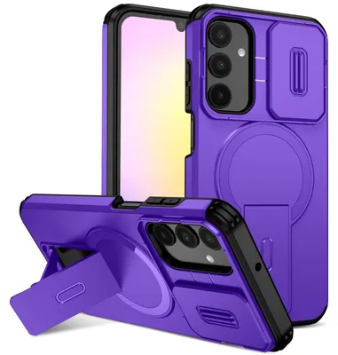 Obrázek produktu pro Magnetické pouzdro pro Samsung Galaxy A25, dvouvrstvé odolné pouzdro s posuvnou ochranou fotoaparátu a nastavitelným stojánkem Fialová