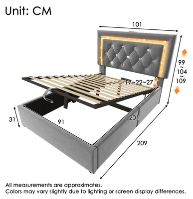 Image de Lit rembourré 90 x 200 cm en velours, lit simple avec bandeau LED diamant, USB, Type-C, coffre de rangement à ouverture hydraulique, sommier à lattes, gris