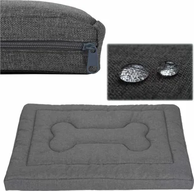 A collage of images showing a dog bed, its zipper, and a close-up of its water-repellent fabric.