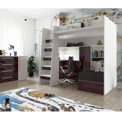 Produktbild von Marlux-Meble Hochbett JSM-7 90x200 TREPPE Links mit Schreibtisch Schränke und Ausklappbares Sofa 70x180 Hochglanz Funktionsbett Etagenbett Stockbett Kinderhochbett Jugendhochbett (Violett Glanz)