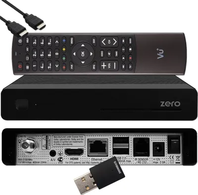 A satellite receiver, remote control, and Wi-Fi stick are displayed against a white background.