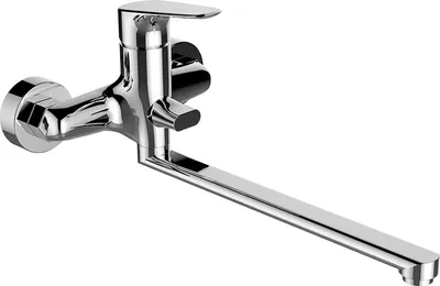 A chrome-plated wall-mounted faucet with a long, movable spout.