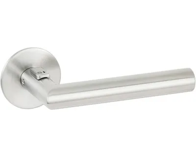 Produktbild von Drückerpaar Hermat Basic 02 Fastlock auf flacher Rosette rund DIN links Edelstahl matt