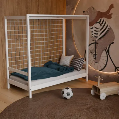 Produktbild von HAGO24 Kinderbett Fußballtor weiß Jugendbett Einzelbett Holz 80x160cm Kiefer Lattenrost Netz Spielbett Torrahmen