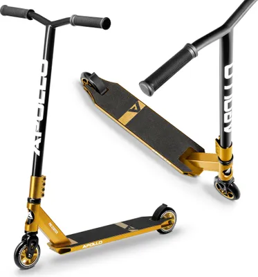 A gold and black Apollo stunt scooter is shown from multiple angles against a white background.