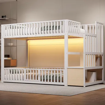 Immagine prodotto di Letto a castello 90x200 cm, con illuminazione a LED, con spazio contenitivo, con scaletta, con letto a scomparsa, con testiera imbottita, bianco