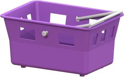 A purple plastic basket with gray handles is shown against a white background.