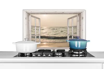 Produktbild von KitchenYeah®  Spritzschutz Küche - Küchenrückwand - Wandschutz für Herd und Spüle - Aussicht - Meer - Strand 60x40 - Alu-Dibond (Alternative zum Spritzschutz aus Glas) - Hitzebeständig - Herdspritzsch