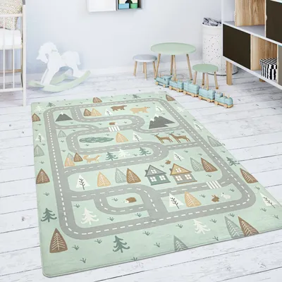 Produktbild von Kinderteppich Teppich Kinderzimmer Spielmatte Straße Bär Elch Bäume Grün Grau Grösse 120x160 cm