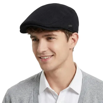 Zdjęcie produktu dla Czapka męska zimowa, typu flat cap, kolor czarny, wykonana z bawełny i poliestru