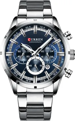 A close-up studio shot of a men's wristwatch against a white background.