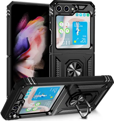 Produktbild von Hülle für Samsung Galaxy Z Flip 5 Dual Layer Militäre Fallschutz Schutzhülle mit Ringhalterung Ständer Schwarz