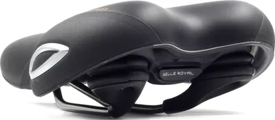A black and silver bicycle saddle is shown against a white background.