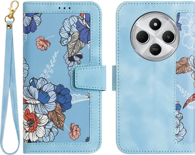 Produktbild von Für Xiaomi Redmi 14C 4G Kunstleder Wallet Handy Tasche Blumen Design Hülle Etuis Hellblau