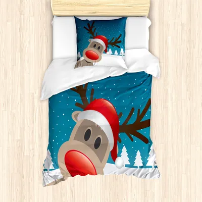 Produktbild von ABAKUHAUS Weihnachten Bettbezug Set für Einzelbetten, Rudolph das Rentier, Milbensicher Allergiker geeignet mit Kissenbezug, Weiß Braun Rot Himmelblau
