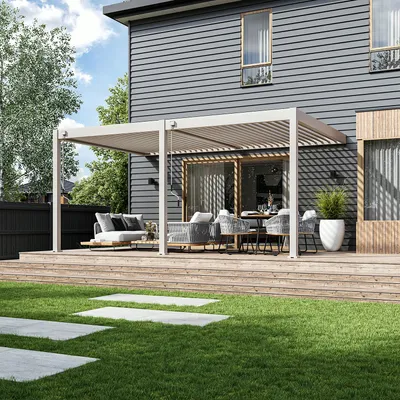 Produktbild von Weide Deluxe Wand-Pergola Voll-Aluminium 3,6x5,3m mit Lamellendach Ivory Sand