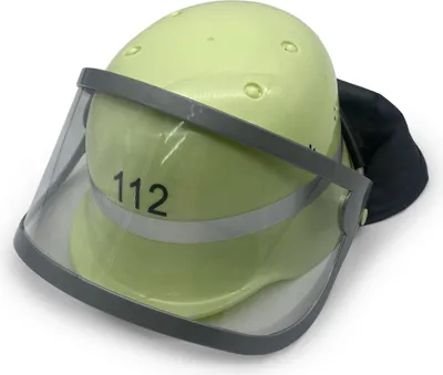 A yellow firefighter helmet with a clear visor and a black neck protector, displayed on a white background.