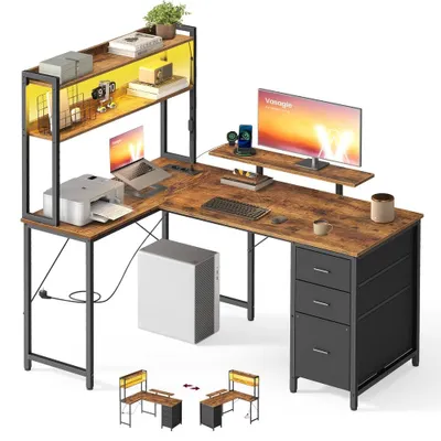 Image de Bureau d'angle en forme de L avec éclairage LED | Couleur vintage marron et noir | 140x100x150 cm