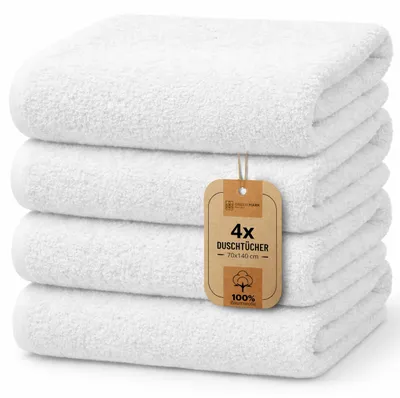 Obrázok produktu pre NatureMark Sada 4 kúskov osušiek na sprchu – jemné a dobre absorbujúce osušky vyrobené zo 100% bavlny, vhodné na každodenné používanie – biela, 70x140 cm