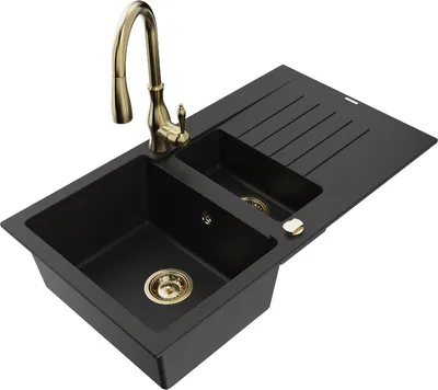 Produktbild von Mexen Matias 1,5-Becken-Granitspüle mit Abtropffläche und Mischbatterie Savita, Schwarz - 6502-77-672601-50
