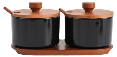 Produktbild von 2er Set Keramik Gewürzdosen mit Löffel, Vintage Zuckerdose für Tee, Zucker, Salz, Kaffeebohnen, Gewürze