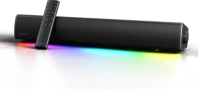 A black soundbar with RGB lighting and a remote control.
