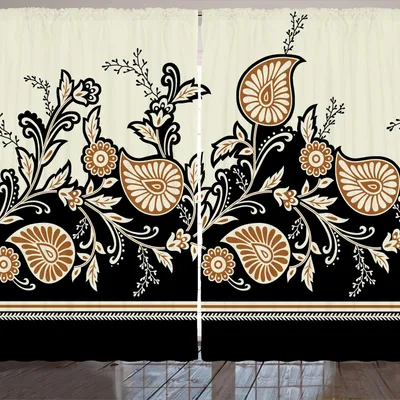 Obrázek produktu pro ARANDE Hnědá záclona s paisley vzorem, tradiční květinové a folklórní vzory, 280 x 245 cm, barva skořápky, antracitově šedá