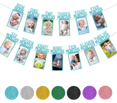 Productafbeelding van Baby Foto Banner - Mijlpaal Slinger - Eerste Verjaardag - Inclusief Newborn Kaart - 13 Fotokaarten - Blauw