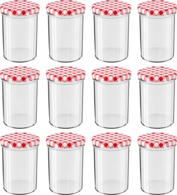 Produktbild von WELLGRO Einmachgläser mit Schraubdeckel - 435 ml, 8,5 x 12 cm (ØxH), Glas / Metall, rot karierte Deckel To 82, Gläser  Germany, verschiedene Mengen wählbar