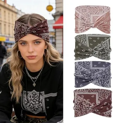 Produktbild von 4 Damen-Haarbänder für den Sommer, weiche Boho-Stirnbänder für Yoga und Sport, elastische Bandanas, Kopftücher und Haarschmuck