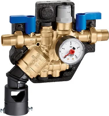 A close-up studio shot of a Caleffi automatic filling valve with a pressure gauge.