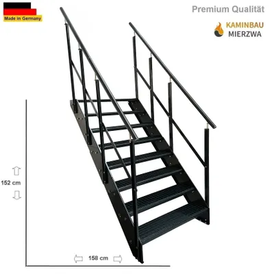 Produktbild von Gitterrost Stahl Wangentreppe 8 Stufen beidsetiges Geländer - Verzinkt & Anthrazit Pulverlackiert - (B x H x T) 80 x 152 x 158 cm