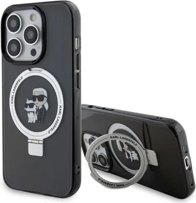 A black iPhone case with a Karl Lagerfeld design and a ring stand is shown from two angles against a white background.