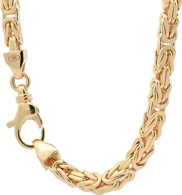 A close-up shot of a gold chain with a lobster clasp.