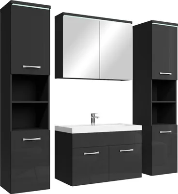 Produktbild von Badplaats Badmöbel Komplettset Paso XL LED 80 x 40 cm Schwarz Hochglanz - Badezimmermöbel mit Waschbecken, Spiegelschrank und 2 Badezimmerschränke
