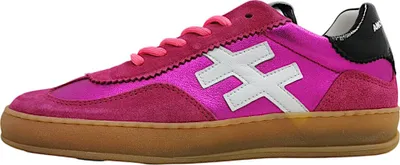 A side view of a pink sneaker.