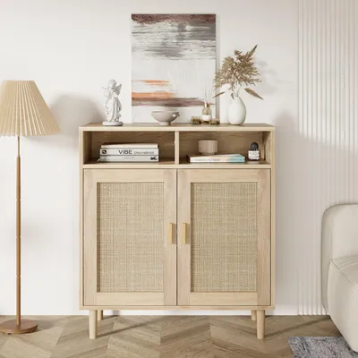 Produktbild von Rattanschrank Rattankommode Aufbewahrungsschrank mit 2 Türen und Regalen Aufbewahrungsschrank für Küche, Flur, Esszimmer, Wohnzimmer 80 x 40 x 92 cm